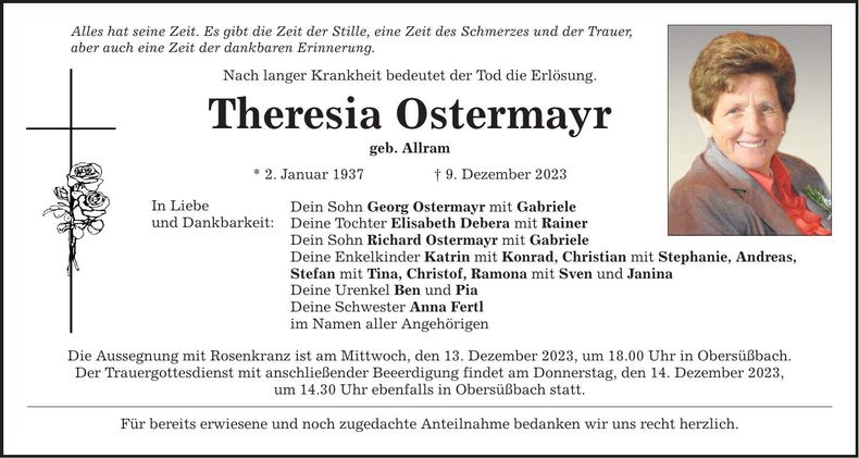Traueranzeige Theresia Ostermayr