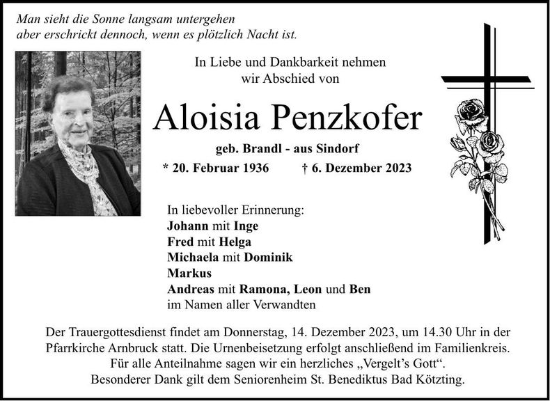 Traueranzeige Aloisia Penzkofer