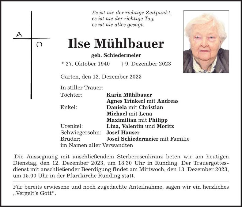 Traueranzeige Ilse Mühlbauer