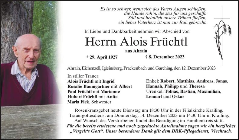 Traueranzeige Früchtl Alois