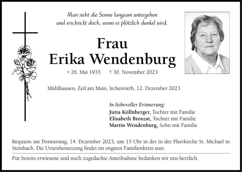 Traueranzeige Erika Wendenburg