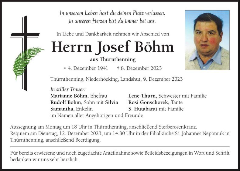 Traueranzeige Josef Böhm
