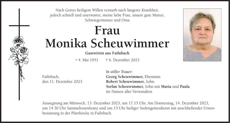 Traueranzeige Monika Scheuwimmer