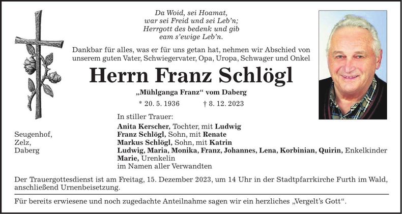 Traueranzeige Franz Schlögl