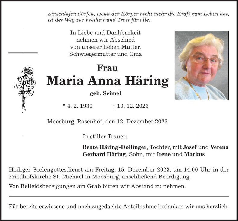 Traueranzeige Maria Anna Häring