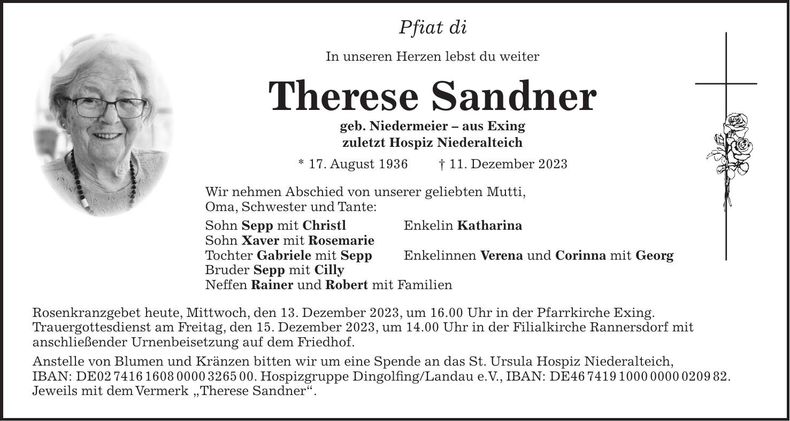 Traueranzeige Therese Sandner