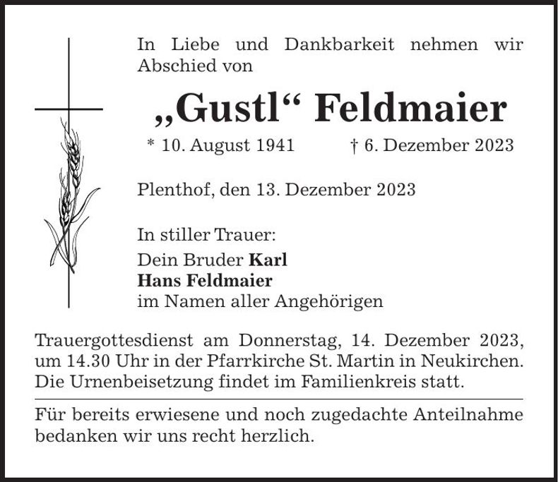 Traueranzeige Feldmeier Gustl