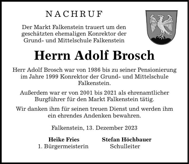 Traueranzeige Adolf Brosch