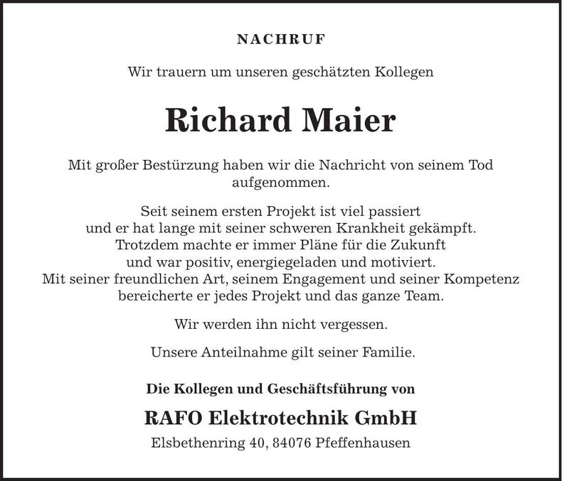 Traueranzeige Richard Maier