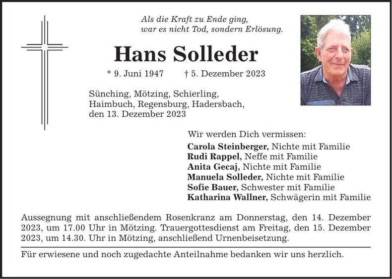 Traueranzeige Hans Solleder