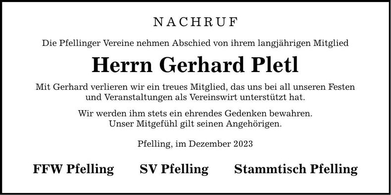 Traueranzeige Gerhard Pletl