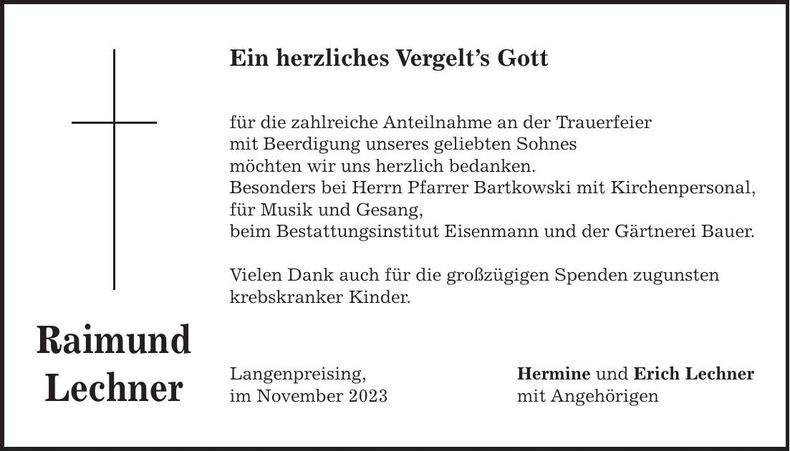 Traueranzeige Raimund Lechner