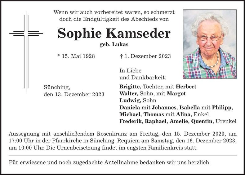 Traueranzeige Sophie Kamseder