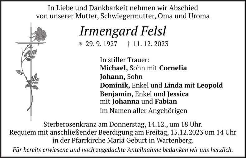 Traueranzeige Irmengard Felsl