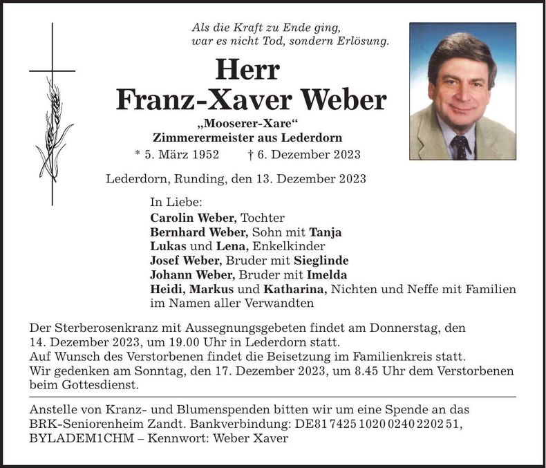 Traueranzeige Franz-Xaver Weber