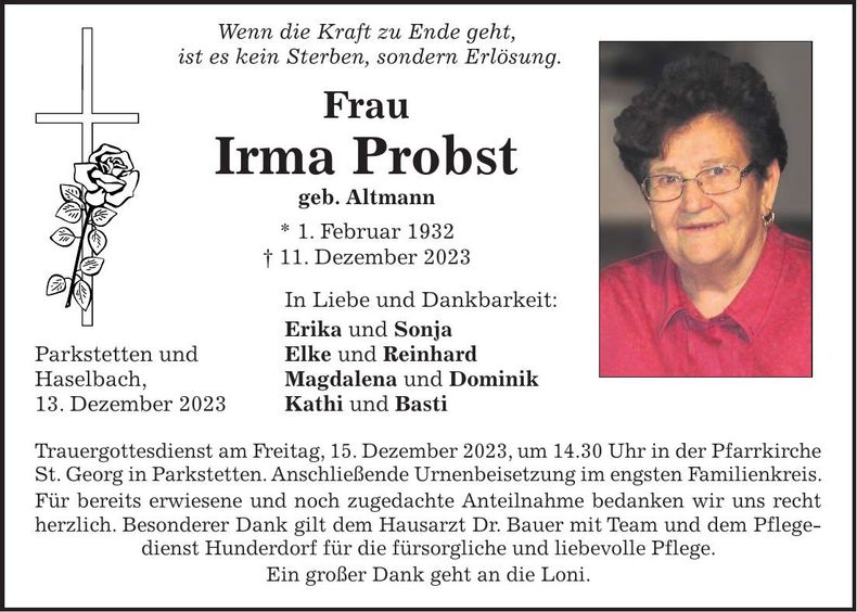 Traueranzeige Irma Probst