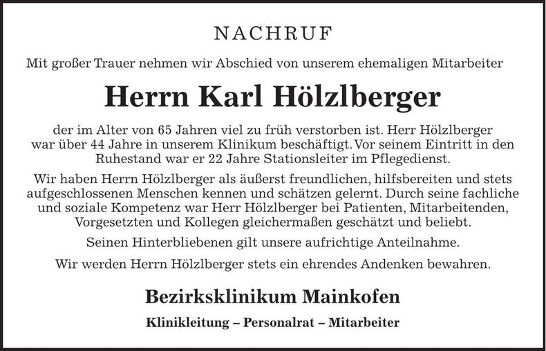 Traueranzeige Karl Hölzlberger
