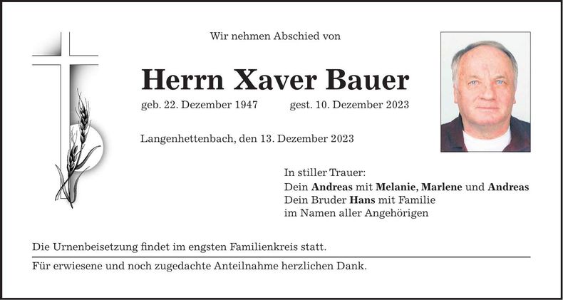 Traueranzeige Xaver Bauer