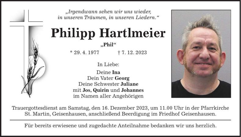 Traueranzeige Philipp Hartlmeier