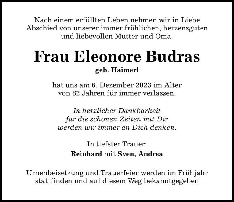Traueranzeige Eleonore Budras