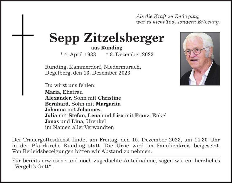 Traueranzeige Sepp Zitzelsberger