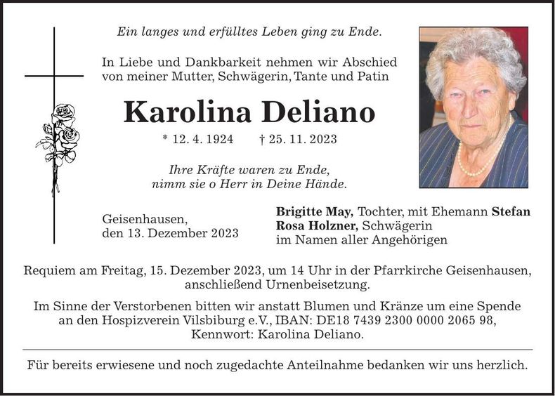 Traueranzeige Karolina Deliano