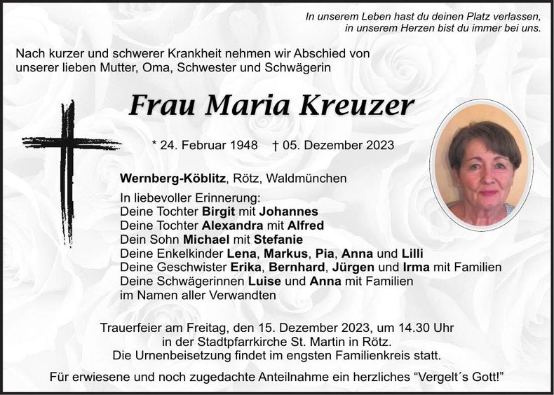 Traueranzeige Maria Kreuzer