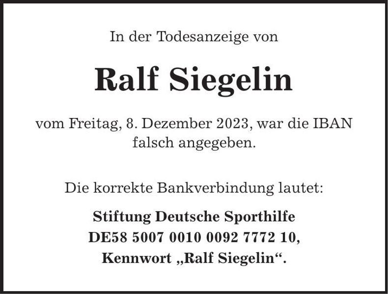 Traueranzeige Ralf Siegelin