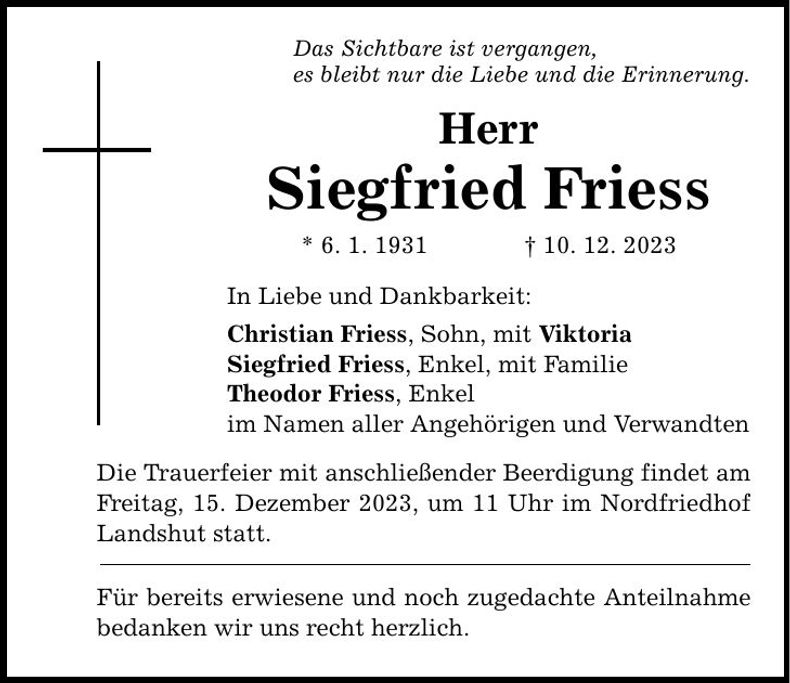 Traueranzeige Siegfried Friess