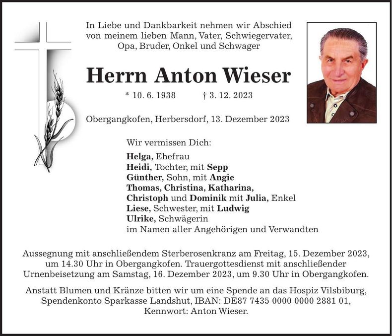 Traueranzeige Anton Wieser