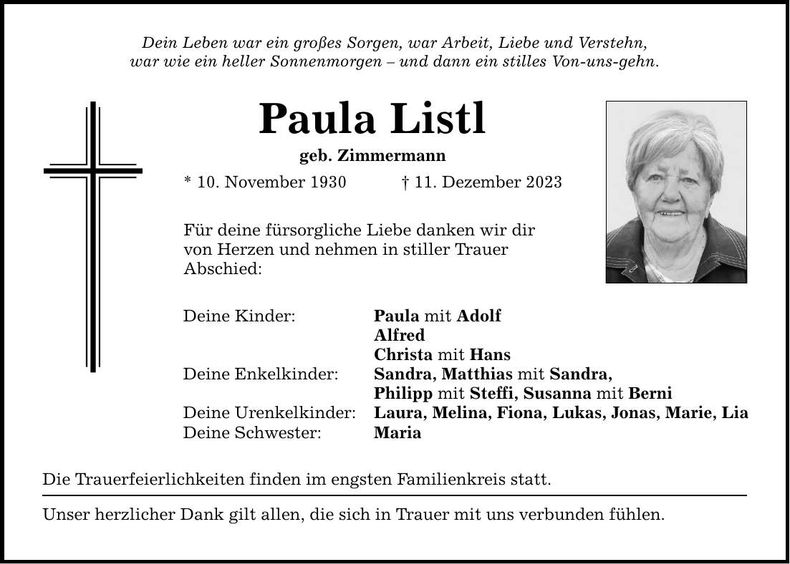 Traueranzeige Paula Listl