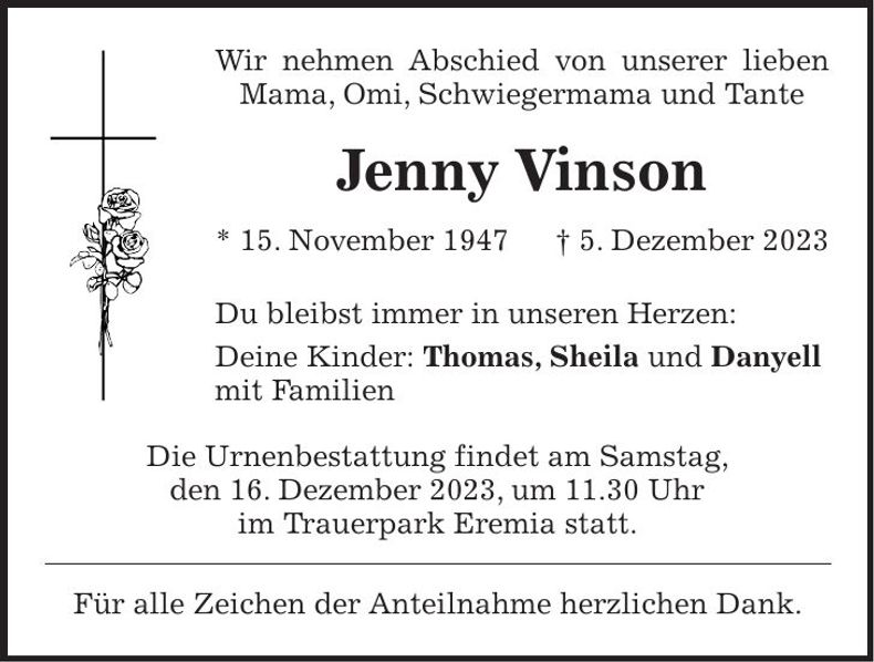 Traueranzeige Jenny Vinson