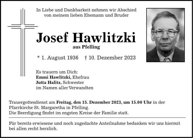 Traueranzeige Josef Hawlitzki