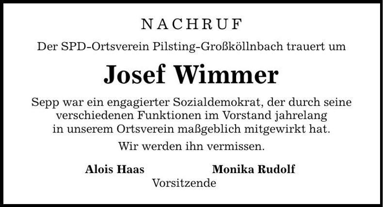 Traueranzeige Josef Wimmer