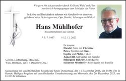 Traueranzeige Hans Mühlhofer