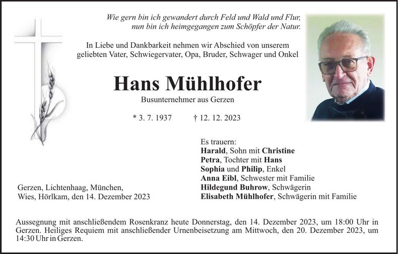 Traueranzeige Hans Mühlhofer