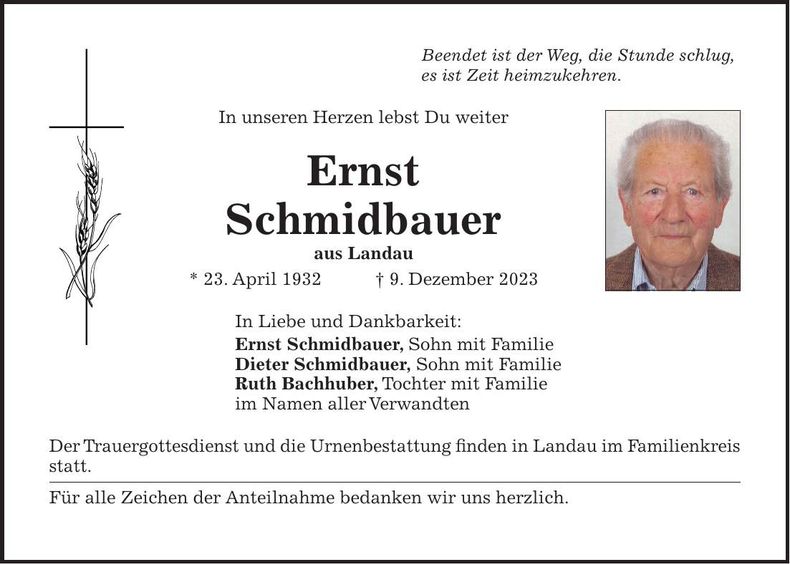 Traueranzeige Ernst Schmidbauer
