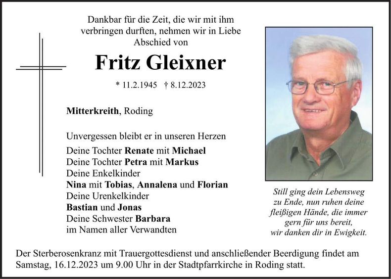 Traueranzeige Fritz Gleixner