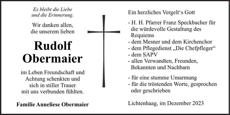 Traueranzeige Rudolf Obermaier