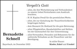 Traueranzeige Bernadette Schnell