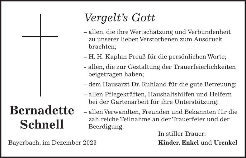 Traueranzeige Bernadette Schnell