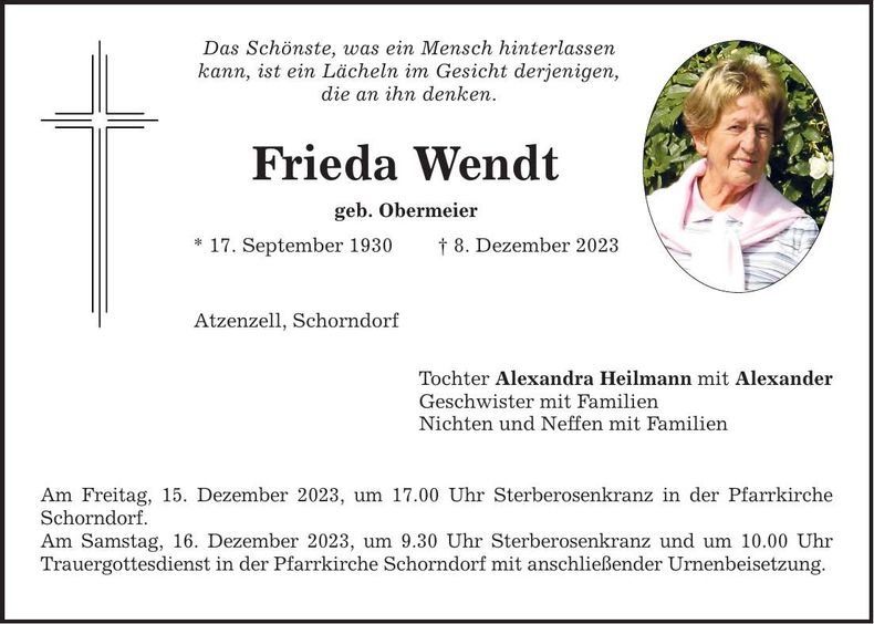 Traueranzeige Frieda Wendt