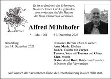 Traueranzeige Alfred Mühlhofer