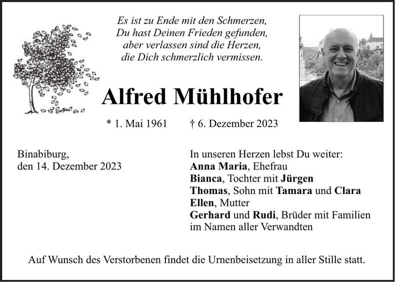 Traueranzeige Alfred Mühlhofer