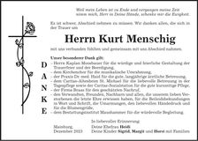 Traueranzeige Kurt Menschig