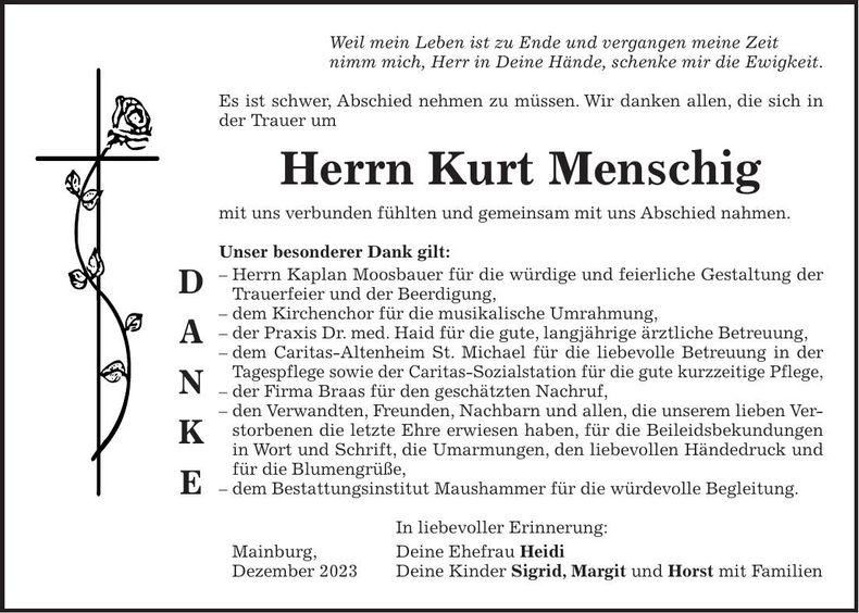 Traueranzeige Kurt Menschig