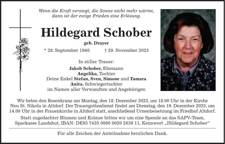 Traueranzeige Hildegard Schober
