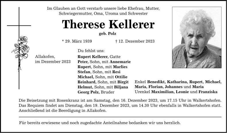 Traueranzeige Therese Kellerer