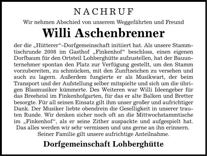 Traueranzeige Willi Aschenbrenner