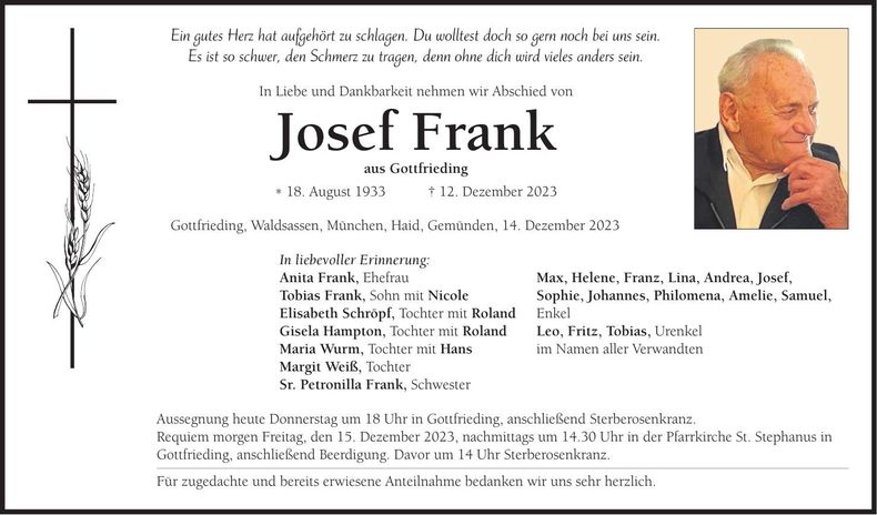 Traueranzeige Josef Frank